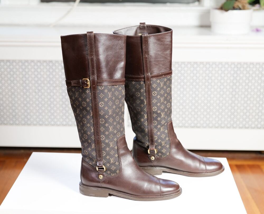 Louis Vuitton Brown Leather Monogram Mini Lin Riding Knee High Boots (Size: 38)